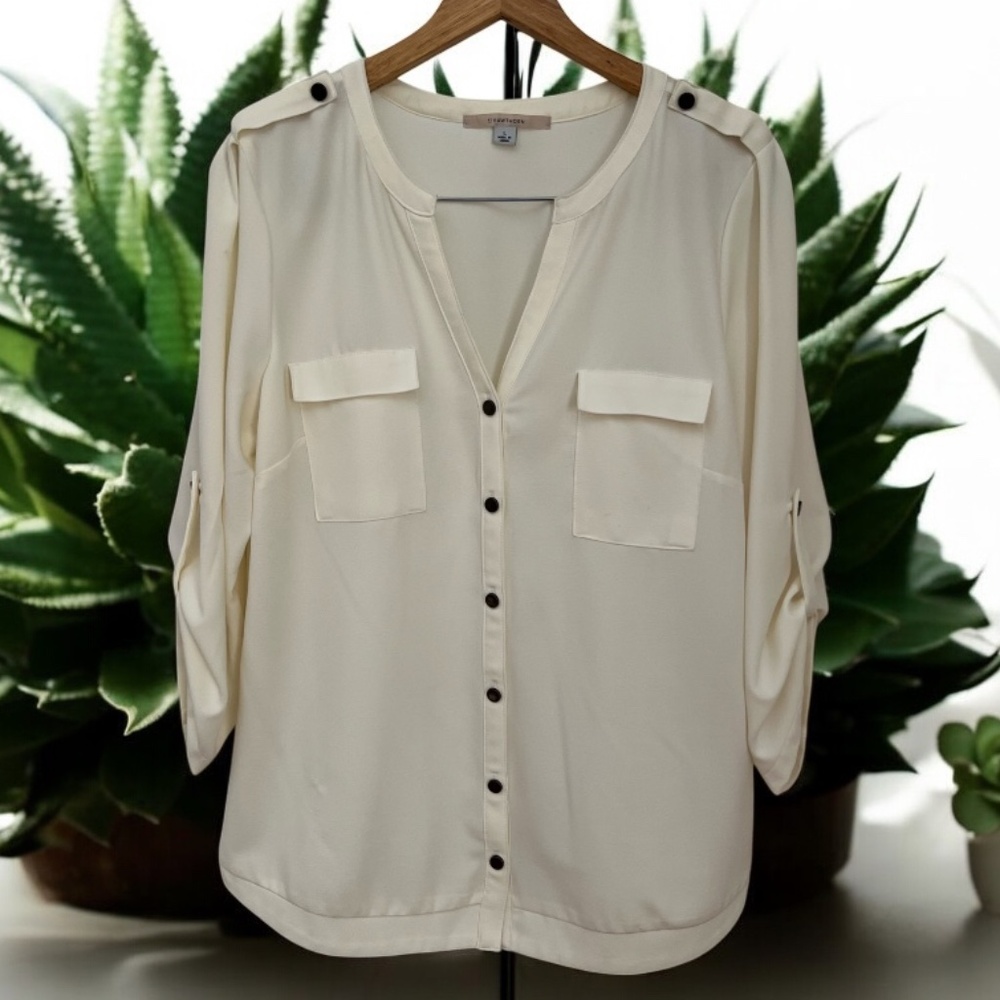 41 Hawthorn Women's Ivory Button V Neck Blouse